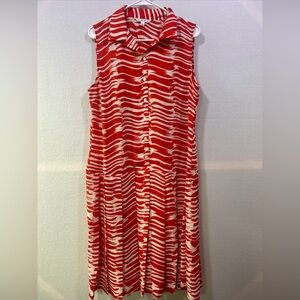 CAbi 281 Brushstroke Red and White Drop Waist Pleated Midi Dress Size L Classic